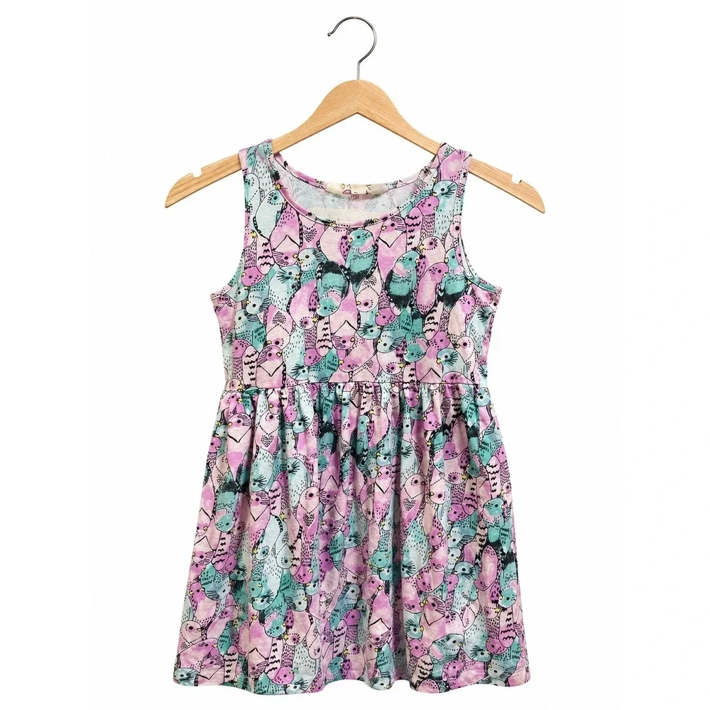 H&M‎ Girls Pink Budgie Bird Print Sleeveless Cotton Fit & Flare Dress Size 6-8Y
